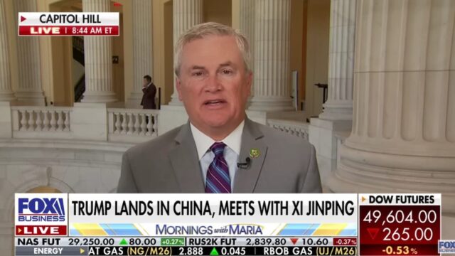 Rep. James Comer speaking on Fox Business during an interview about suspicious prediction market trades tied to Iran and Venezuela