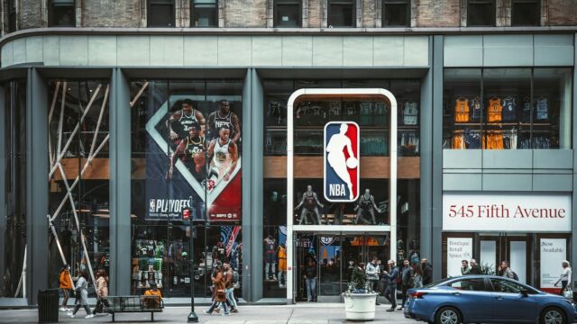 NBA store on Fifth Avenue in New York City with logo displayed on the building