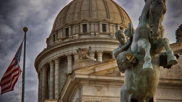 Statue in front of the Oklahoma State Capitol building in Oklahoma City
