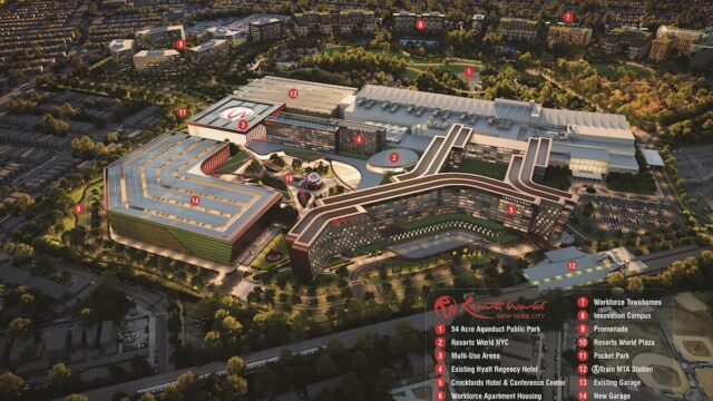 Aerial rendering of the planned Resorts World New York City casino expansion project in Queens