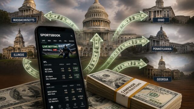 Editorial illustration showing a sports betting app, stacks of cash, campaign donation imagery and U.S. state capitol buildings connected by money flows representing political spending by sportsbook operators
