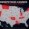 Map of the United States highlighting states where sweepstakes casinos are unavailable in May 2026, including Tennessee, Oklahoma, Louisiana, Maine, Indiana, California, Montana, Connecticut, New Jersey, New York and Nevada.