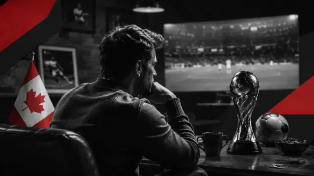 Canadian football fan watching a World Cup match with a Canada flag, trophy and football on the table