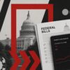 Illustration of the U.S. Capitol, a federal legislation document, prediction market trading screen, and casino chips.