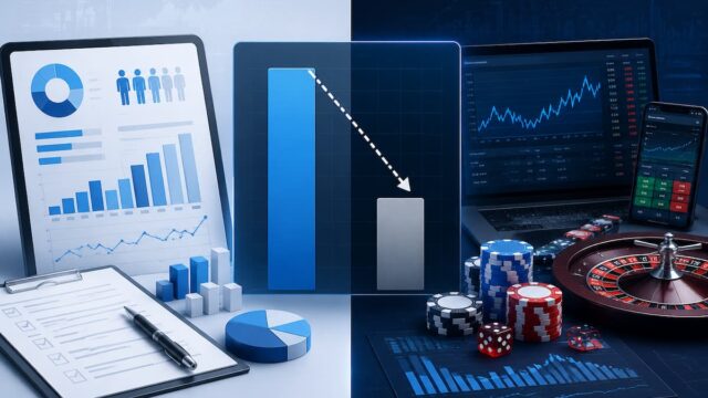 Data visualization comparing gambling survey estimates with administrative gambling activity data, featuring statistical charts, casino chips and betting market analytics.