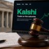 Gavel and legal documents in front of a laptop displaying the Kalshi platform