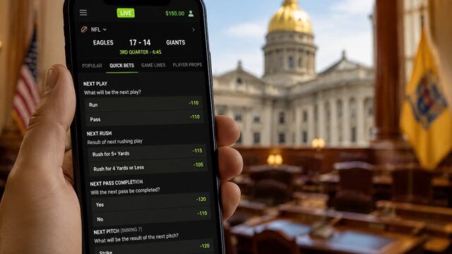Smartphone displaying live micro-betting markets with the New Jersey State House visible in the background.