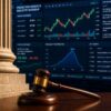 Judge's gavel and courthouse columns in front of digital prediction market trading screens displaying event contract data and financial charts.