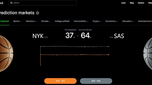 Robinhood prediction markets interface displaying a basketball event contract and live trading odds
