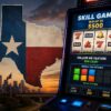 Texas flag displayed beside a skill game machine with slot-style reels and a memory-game feature