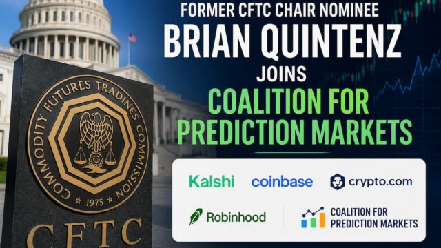 Graphic showing the CFTC seal, the U.S. Capitol and logos of Coalition for Prediction Markets members following Brian Quintenz's appointment as a senior adviser.
