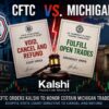 Illustration showing the CFTC and the State of Michigan in a legal dispute over Kalshi prediction market trades, with conflicting orders to cancel and fulfill certain contracts.