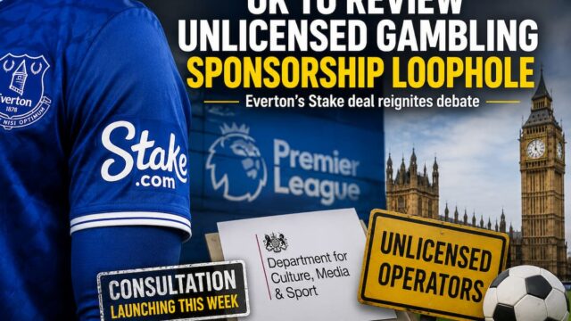 Composite image showing an Everton shirt with the Stake logo, the Premier League logo, the UK Parliament and signs referencing unlicensed gambling operators and a government consultation.