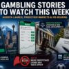Composite graphic featuring Alberta's iGaming launch, prediction market litigation, an IRS gambling tax hearing and Maine's sweepstakes casino ban taking effect.
