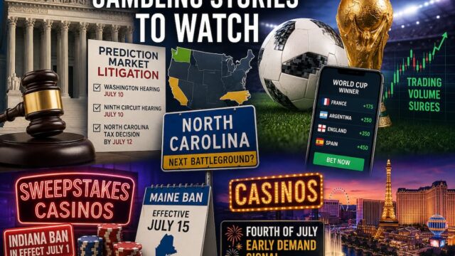 Editorial illustration featuring a courthouse, gavel, World Cup trophy and soccer ball, prediction market graphics, sweepstakes casino signs, North Carolina map, and the Las Vegas Strip representing the week's top gambling stories.