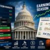 Illustration showing the U.S. Capitol surrounded by prediction market interfaces, sports betting graphics, earnings charts and a gaming earnings calendar.