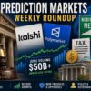 Illustration showing a courthouse gavel, Kalshi and Polymarket logos, trading charts and North Carolina tax signs representing the week's prediction market developments.
