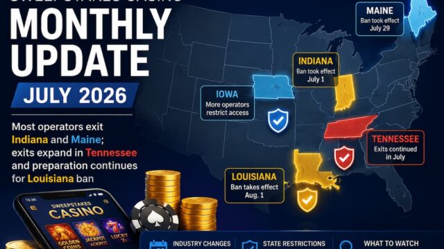 Infographic showing a U.S. map highlighting Indiana, Maine, Iowa, Louisiana and Tennessee with sweepstakes casino restriction updates for July 2026.