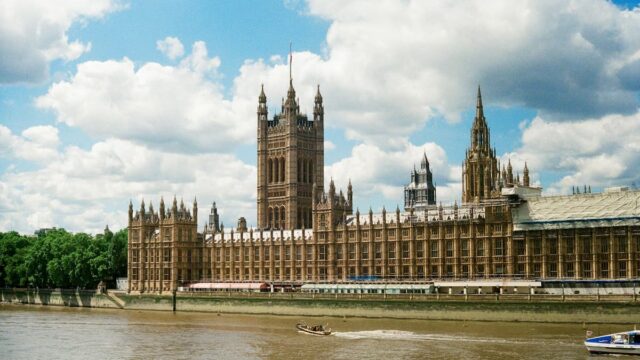 The Palace of Westminster and the River Thames in London.
