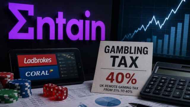 Entain logo alongside a gambling tax sign, betting imagery, a calculator and financial charts.