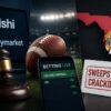 Kalshi and Polymarket branding beside a judge’s gavel, a football and betting screen, and a Florida sweepstakes crackdown graphic.