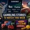 Illustration featuring a courthouse and gavel, an earnings chart, football equipment and casino chips representing prediction market litigation, gambling earnings, football betting season and sweepstakes casino developments.