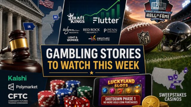Illustration featuring a courthouse and gavel, an earnings chart, football equipment and casino chips representing prediction market litigation, gambling earnings, football betting season and sweepstakes casino developments.