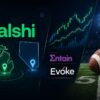 Kalshi logo beside maps of Michigan and Nevada with geofencing markers, financial charts for Entain and Evoke, and an American football on a field.