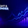 Light & Wonder logo next to a glowing financial chart with rising bars and upward-trending lines on a blue background.