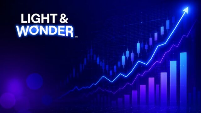 Light & Wonder logo next to a glowing financial chart with rising bars and upward-trending lines on a blue background.