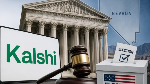 Kalshi logo beside a federal courthouse, judge’s gavel and election ballot box with a Nevada outline in the background.