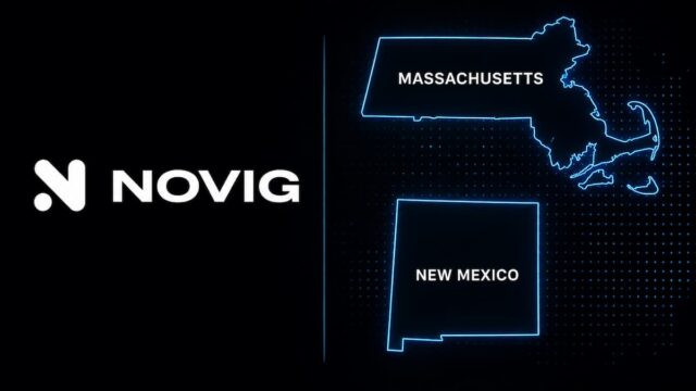 Novig's logo alongside the outlines of Massachusetts and New Mexico against a black background.