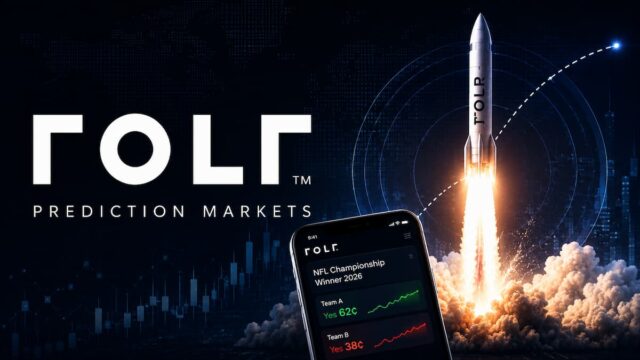 Rolr's logo alongside a spaceship launch and a phone with a generic prediction market app against a black background.