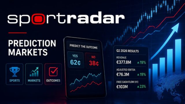 Sportradar logo displayed alongside financial charts and a prediction market interface representing the company's second-quarter earnings and growth strategy.