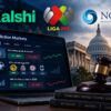 Kalshi, Liga MX and NCPG logos above a prediction market screen, with a soccer ball, gavel and US Capitol in the background.