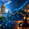 Connecticut State Capitol alongside a judge’s gavel and financial market charts representing prediction market enforcement.