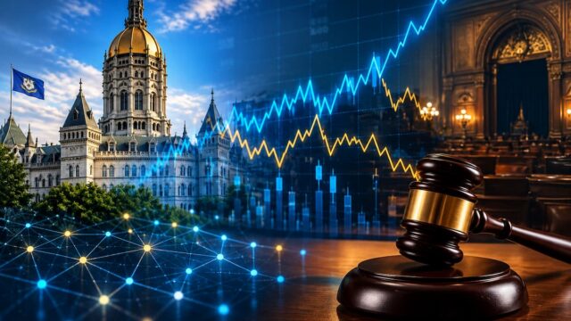 Connecticut State Capitol alongside a judge’s gavel and financial market charts representing prediction market enforcement.