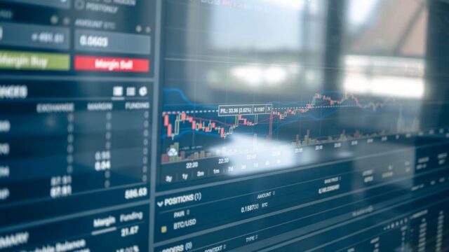 Cryptocurrency trading platform displaying price charts, trading volume and open positions on a computer screen.