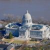 Aerial view of the Missouri State Capitol in Jefferson City overlooking the Missouri River.