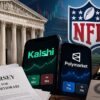 U.S. Supreme Court, NFL imagery, Kalshi and Polymarket apps, a gavel and CFTC document representing prediction market legal and regulatory developments.