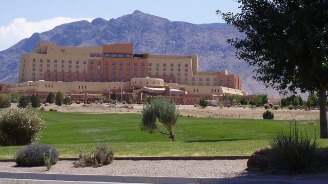 Sandia Resort & Casino in New Mexico with the Sandia Mountains in the background.