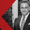 High Roller CEO Seth Young in a suit, shown in black and white beside red and black geometric shapes.
