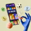 Smartphone displaying an online betting interface surrounded by casino chips, money and sports equipment. VGW settles with New York for $8 million, Robinhood takes its prediction market fight to SCOTUS as football approaches.