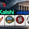 A graphic featuring the Kalshi and Coinbase logos, four Native American tribal emblems, a U.S. map with Michigan highlighted in red, and the U.S. Supreme Court building in the background.