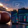 Football beside a smartphone and laptop displaying sports prediction-market data and rising trading charts, with a Nebraska government building in the background.
