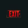 Red illuminated exit sign against a dark background.